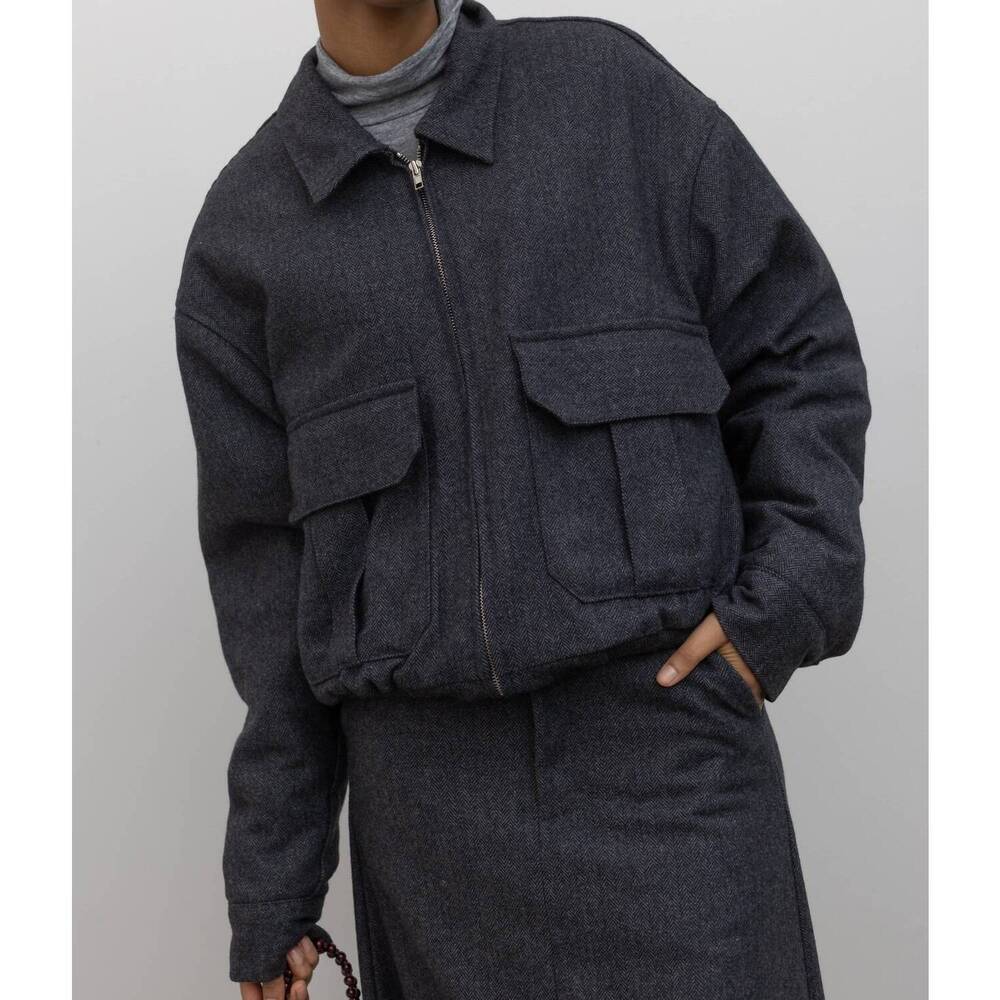 NEW COLLECTIVE herringbone collared quilted bomber jacket in charcoal